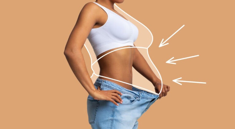 A woman in a white sports bra and loose jeans holds her waistband out, showcasing noticeable weight loss, with white arrows and outlines illustrating body transformation, representing how fast tirzepatide start working for weight management.